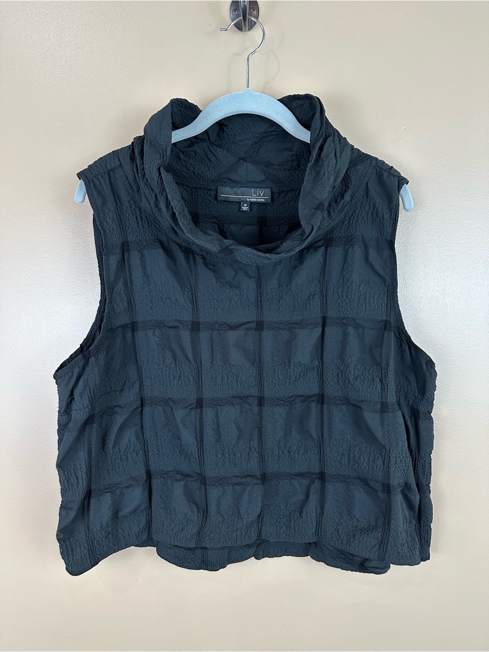 LIV by Habitat Black Plaid Crinkle Hooded Sleeveless Tunic Top M Lagenlook Artsy